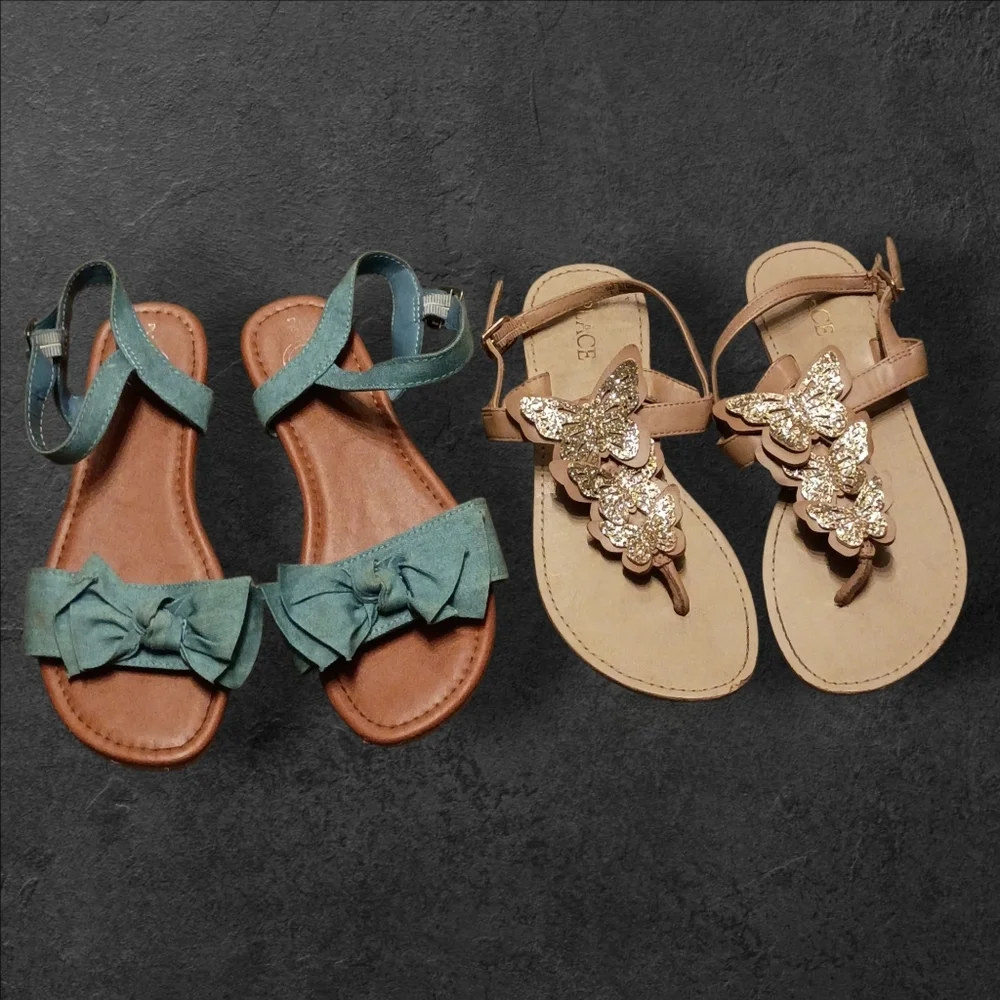 Lot Of 2 Sandals with Bows and Butterfly Accents Girls Size 2 Denim Gold Glitter